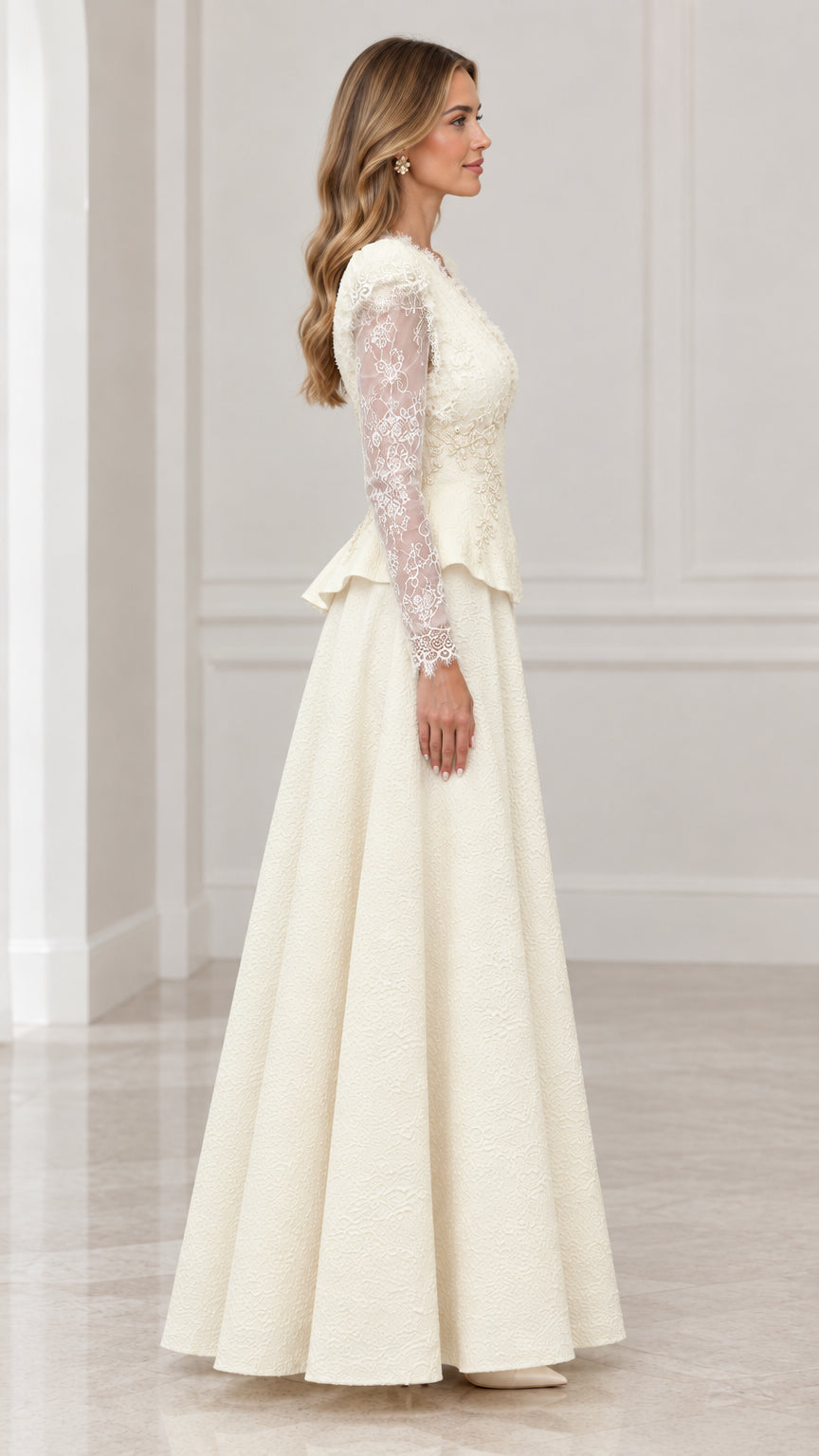 Side profile view of ivory lace sleeve formal gown
