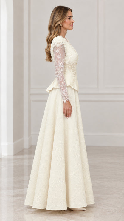 Side profile view of ivory lace sleeve formal gown