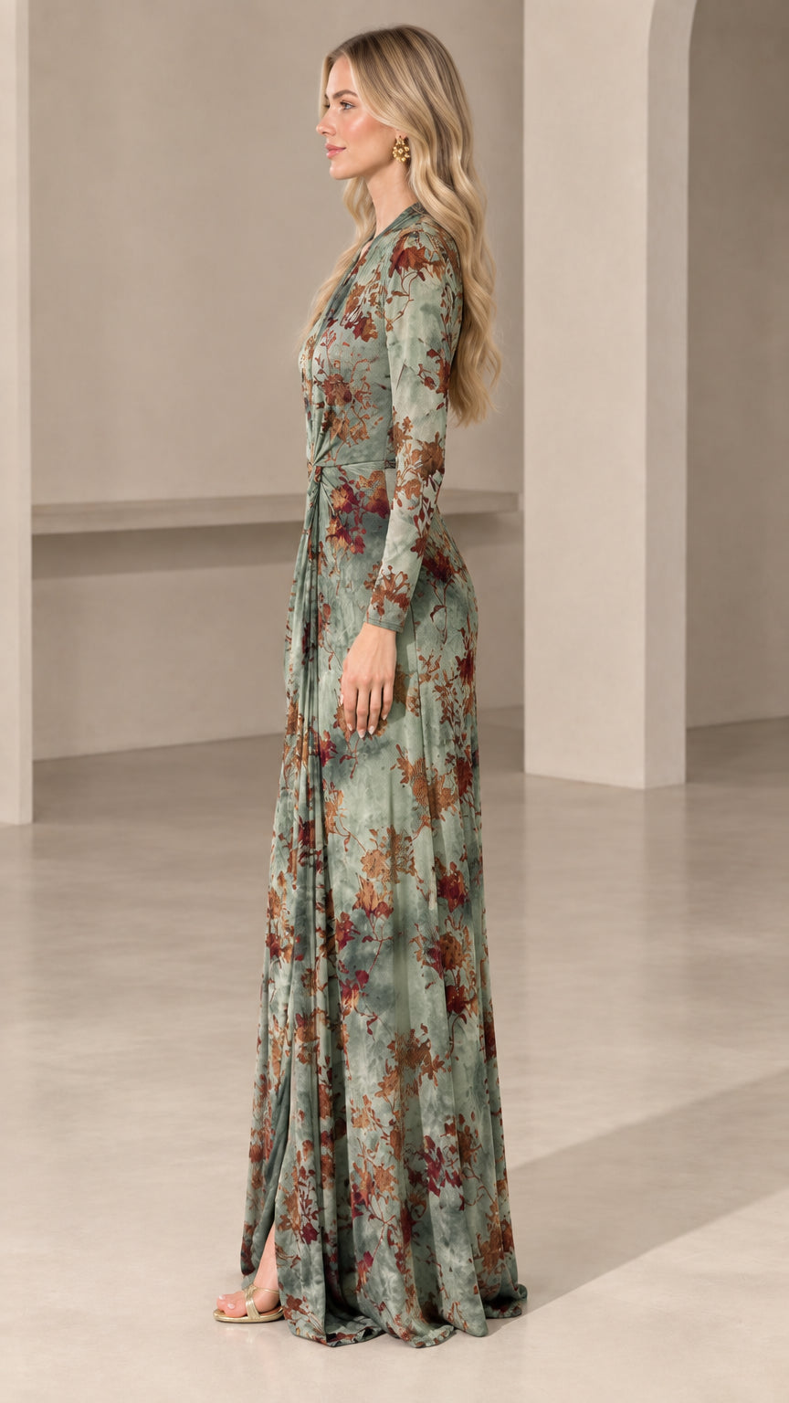 Side profile view of woman wearing sage green floral long sleeve maxi dress