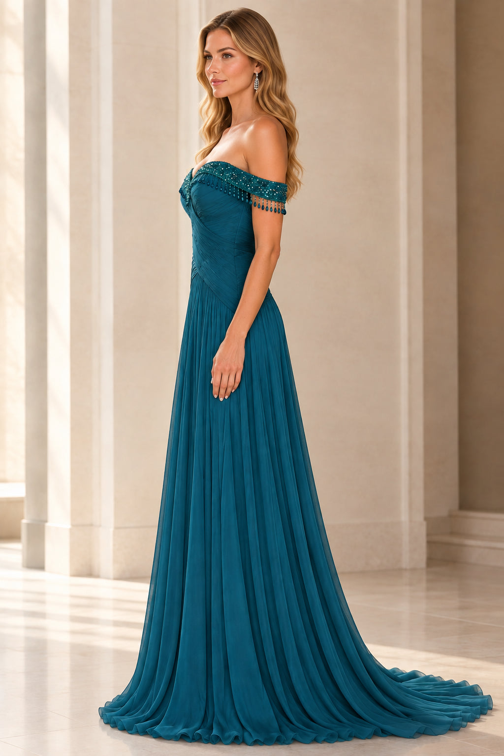 Side profile of peacock blue off-the-shoulder formal maxi dress