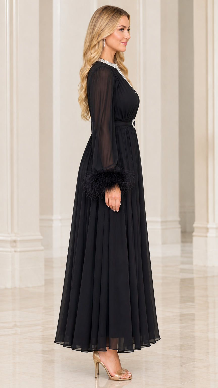 Side profile view of black long sleeve evening maxi dress with embellished belt