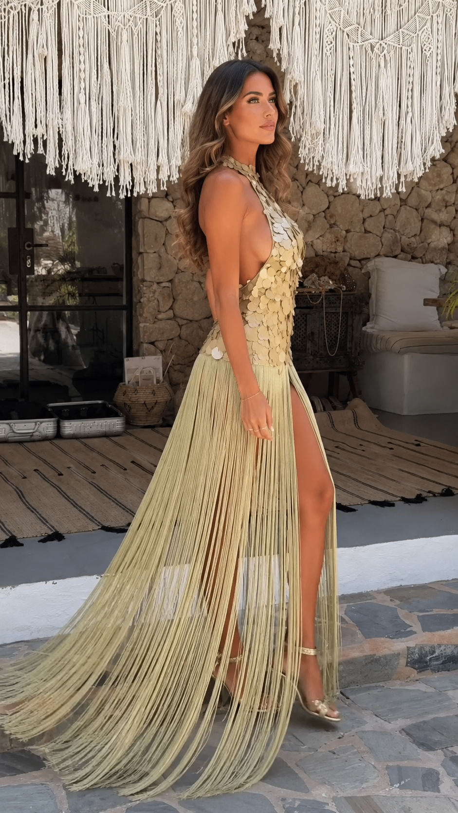 Sage floral appliqué halter fringe maxi dress side view