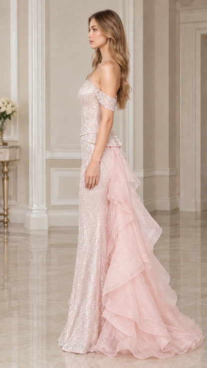 Side view of model wearing Blush Pink sequined formal evening dress showing tiered ruffle detail