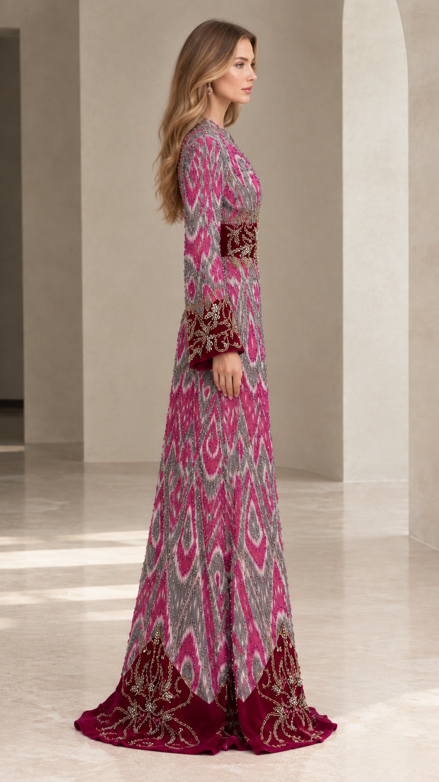 Side profile view of magenta ikat kaftan dress showing velvet cuffs and flowing skirt