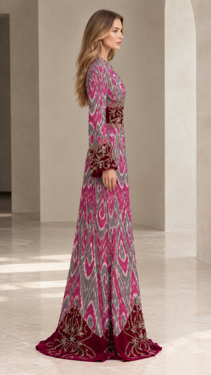 Side profile view of magenta ikat kaftan dress showing velvet cuffs and flowing skirt