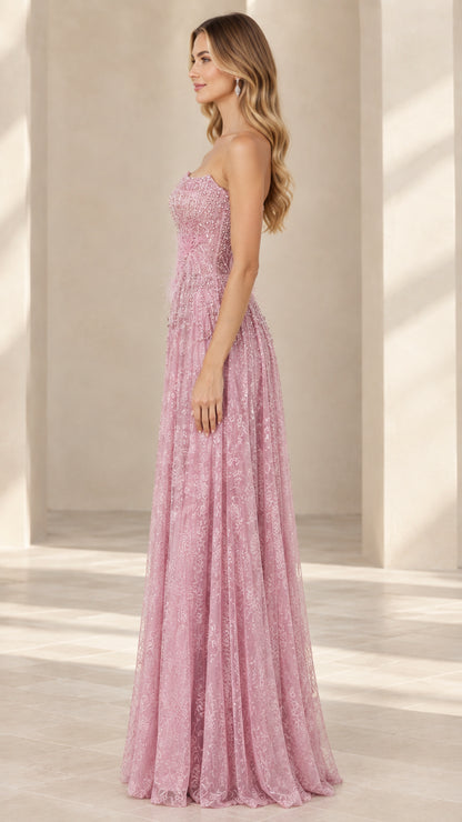 Dusty rose sequin formal dress side profile view