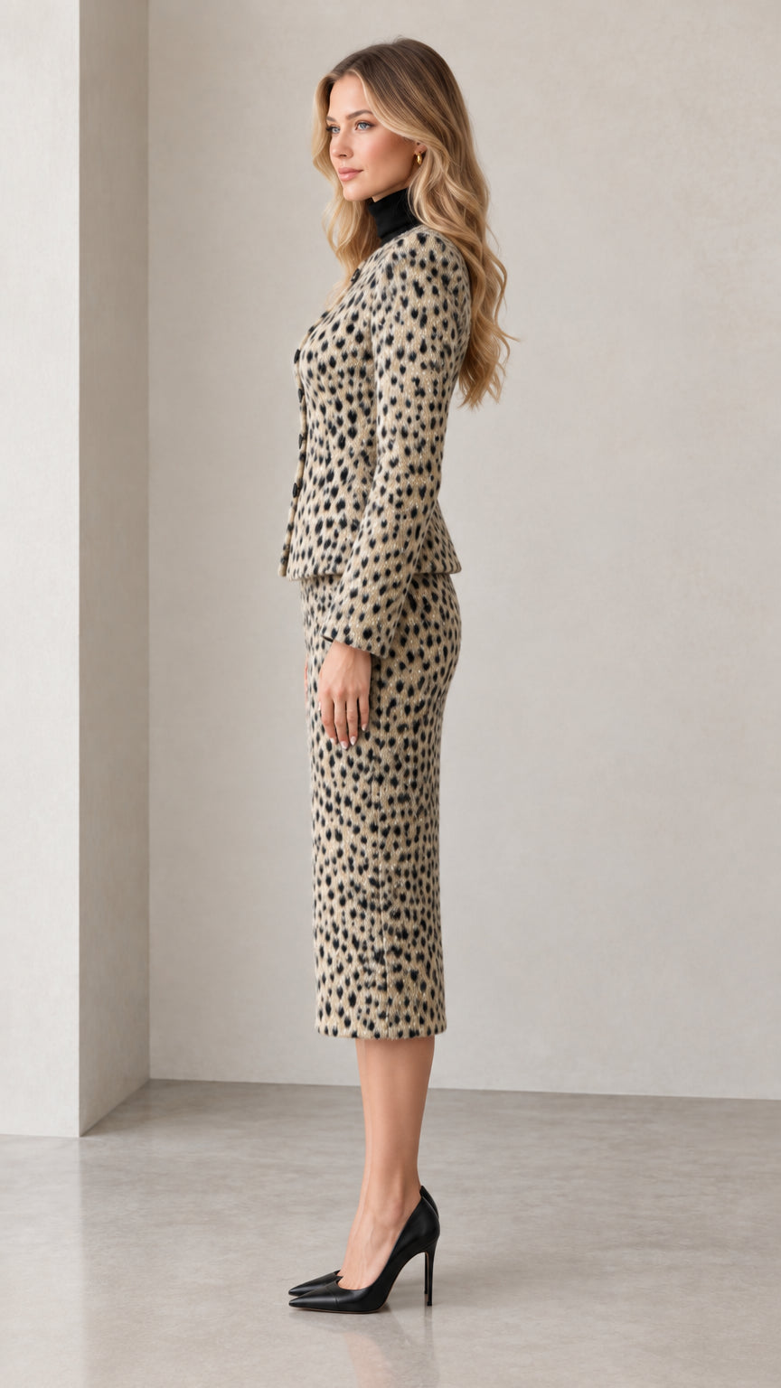 Side profile view of beige peplum jacket and matching midi skirt