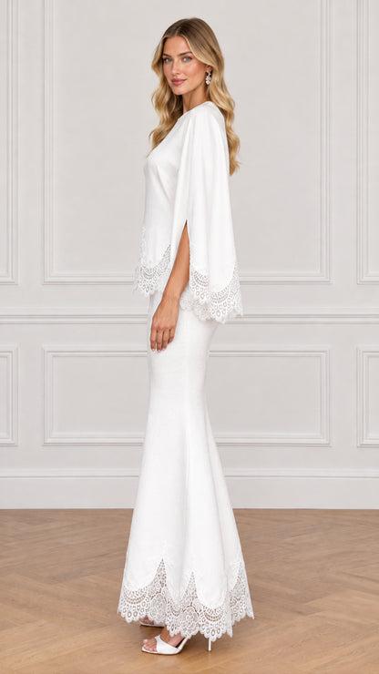 White split sleeve formal top and mermaid maxi skirt side view