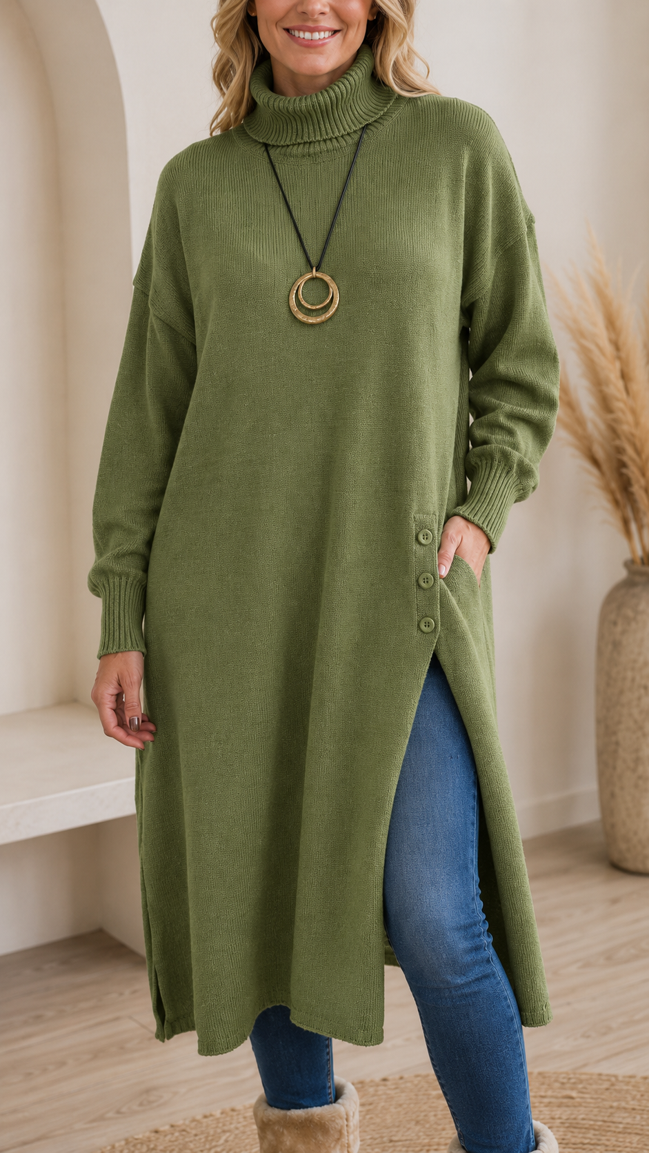 Front view of olive green turtleneck sweater dress with side slit and button detail