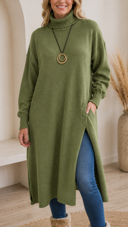 Front view of olive green turtleneck sweater dress with side slit and button detail