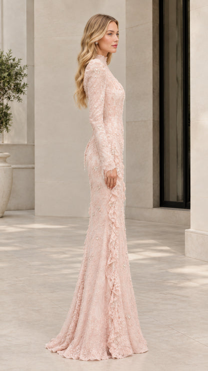 Side profile view of blush pink fitted long sleeve lace gown