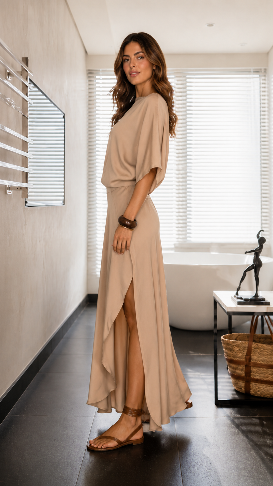 Side view of beige draped maxi dress with batwing sleeves and asymmetrical hem