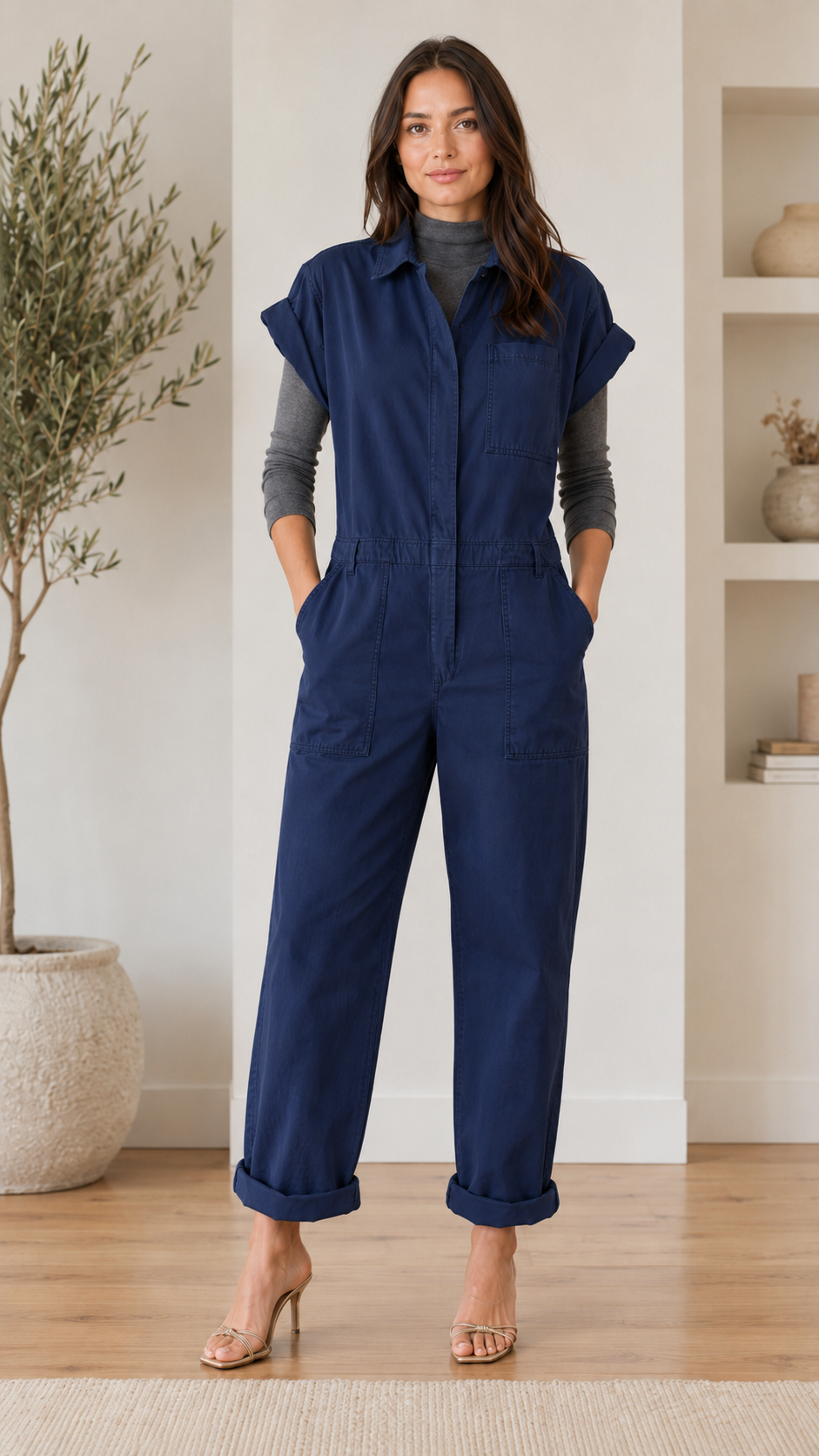 Front view of navy utility jumpsuit with rolled sleeves, collared neckline, elastic waist, and cuffed legs