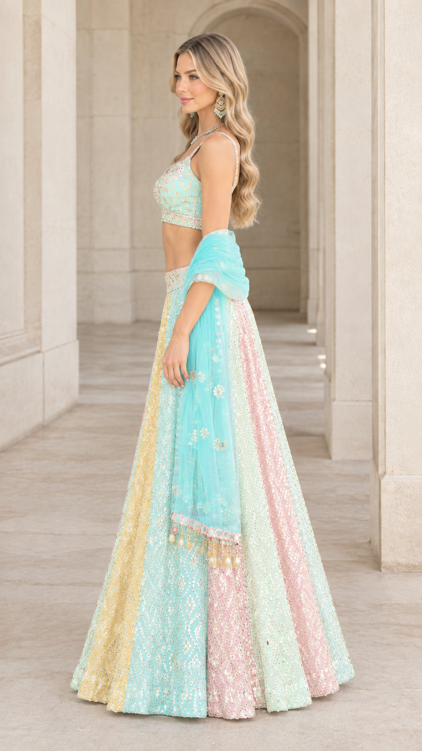 Side profile of model in pastel multicolor sequined panel lehenga set