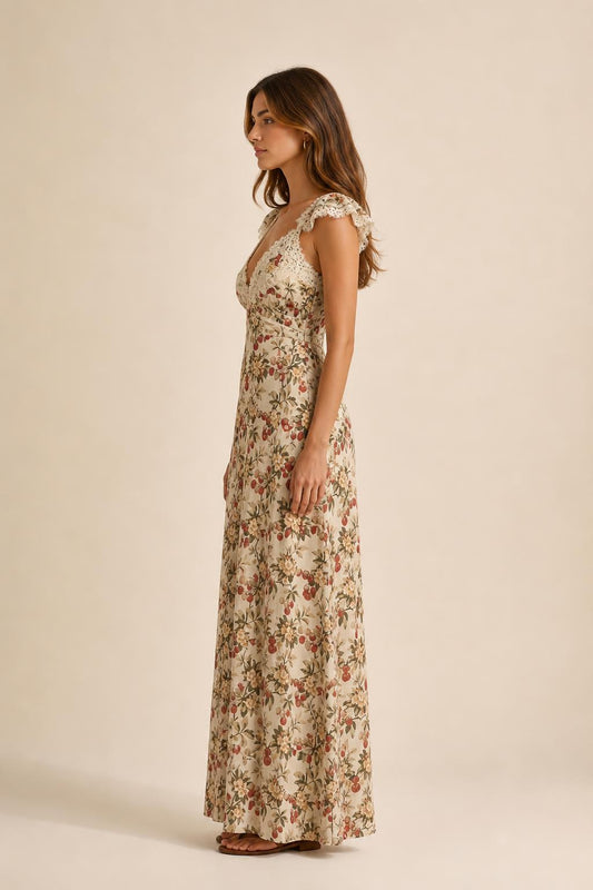 Side profile of beige floral print maxi dress