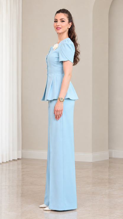 Side view of Sky Blue tailored peplum top and wide leg pant suit