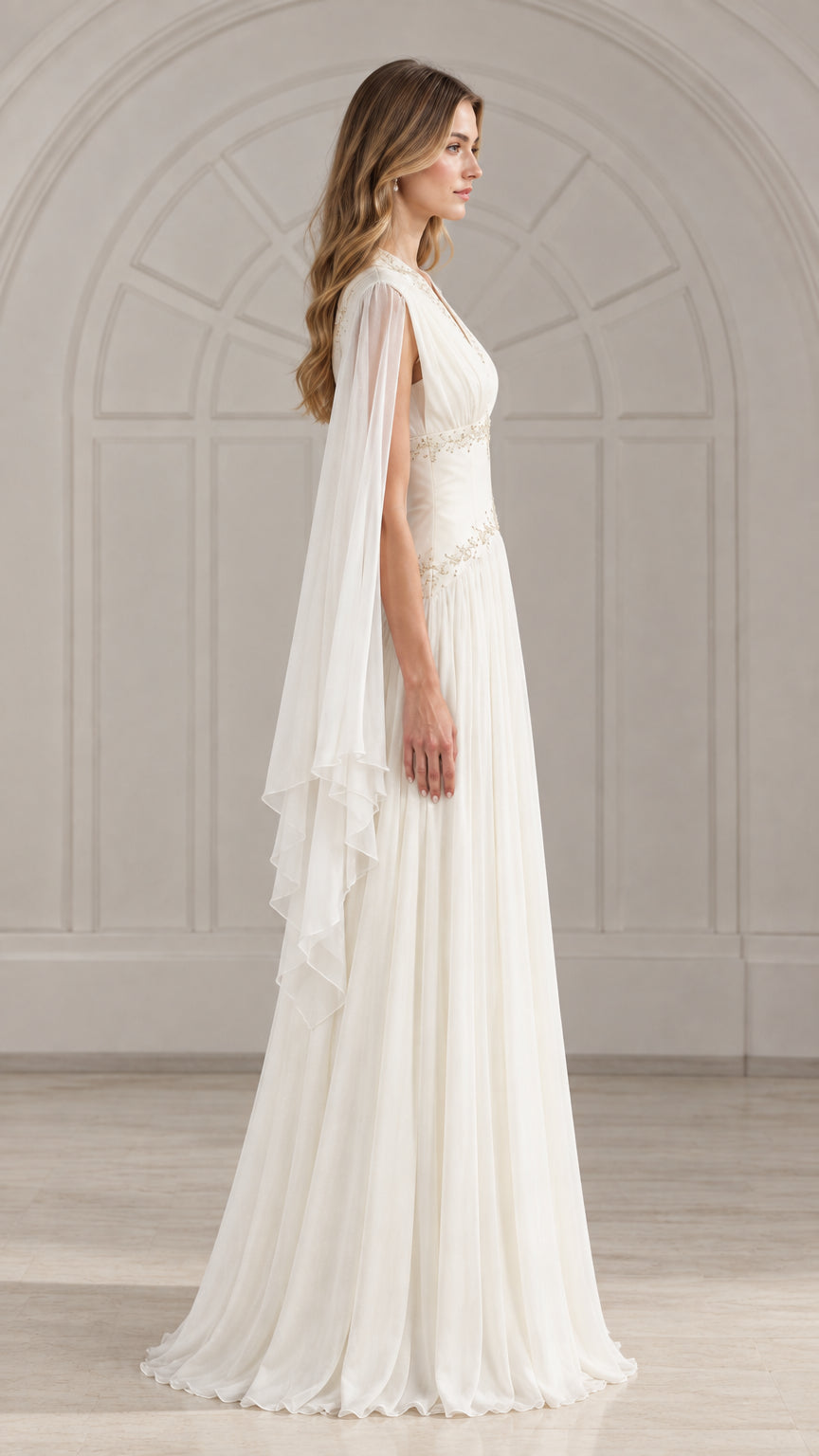 Side profile view of ivory white cape sleeve formal maxi dress showing draped sleeves