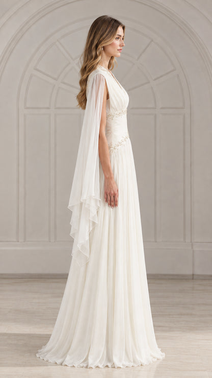 Side profile view of ivory white cape sleeve formal maxi dress showing draped sleeves