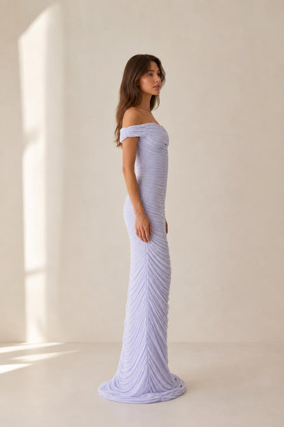 Side profile view of lavender ruched maxi dress