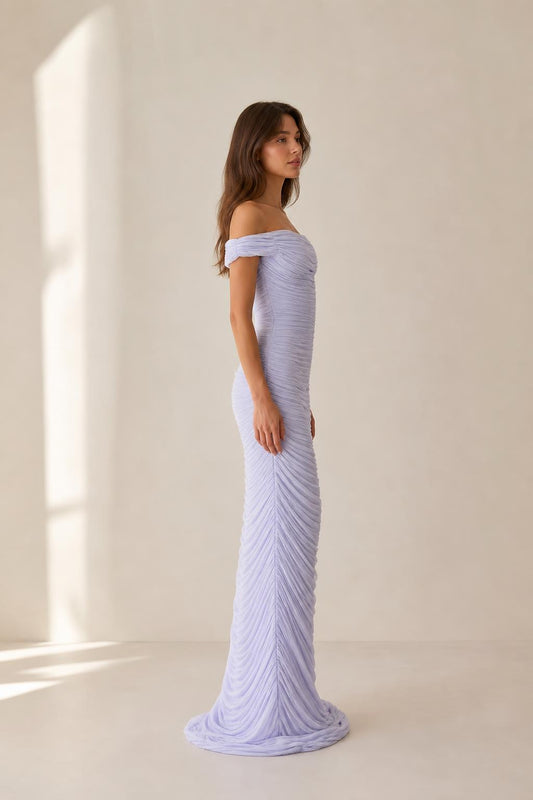 Side profile view of lavender ruched maxi dress