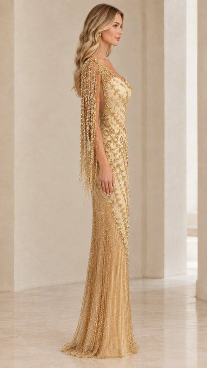 Side view of Champagne Gold beaded formal maxi gown showing silhouette and sleeve drape