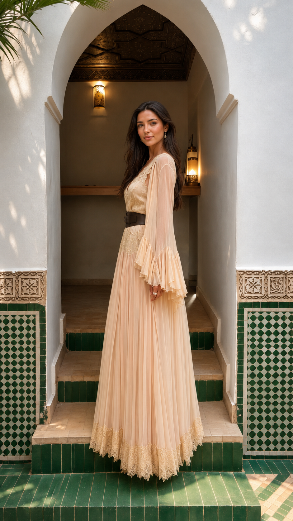 Side view of champagne pleated maxi dress with sheer bell sleeves and floor-length skirt