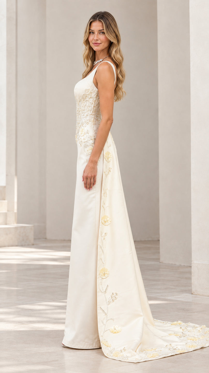 Side profile view of ivory formal maxi gown showing sweeping embroidered side train