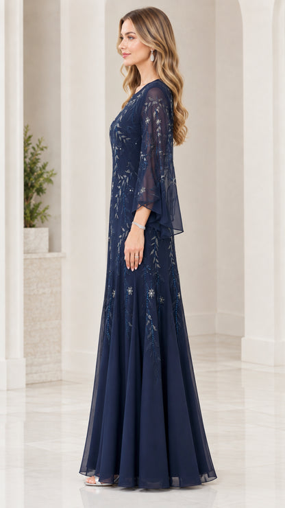 Side profile of model in Navy Blue sequin embellished formal evening dress