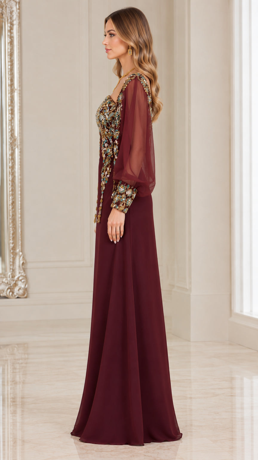 Side profile view of burgundy embroidered maxi dress