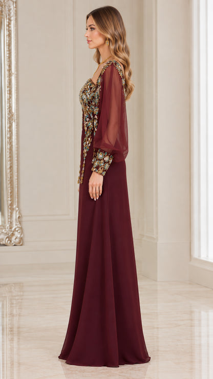 Side profile view of burgundy embroidered maxi dress