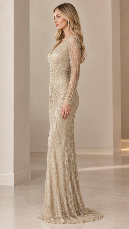 Side profile view of champagne sequin floor-length formal dress