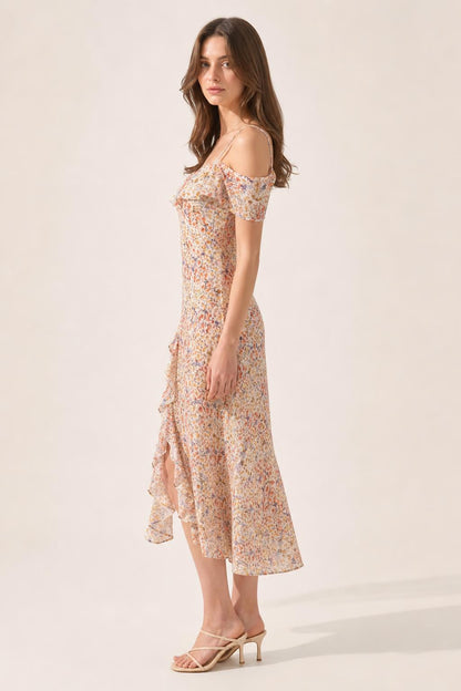Side profile view of beige floral midi dress