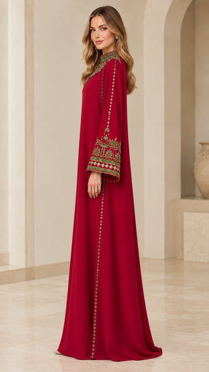 Side profile view of Ruby Red long sleeve embroidered maxi kaftan dress