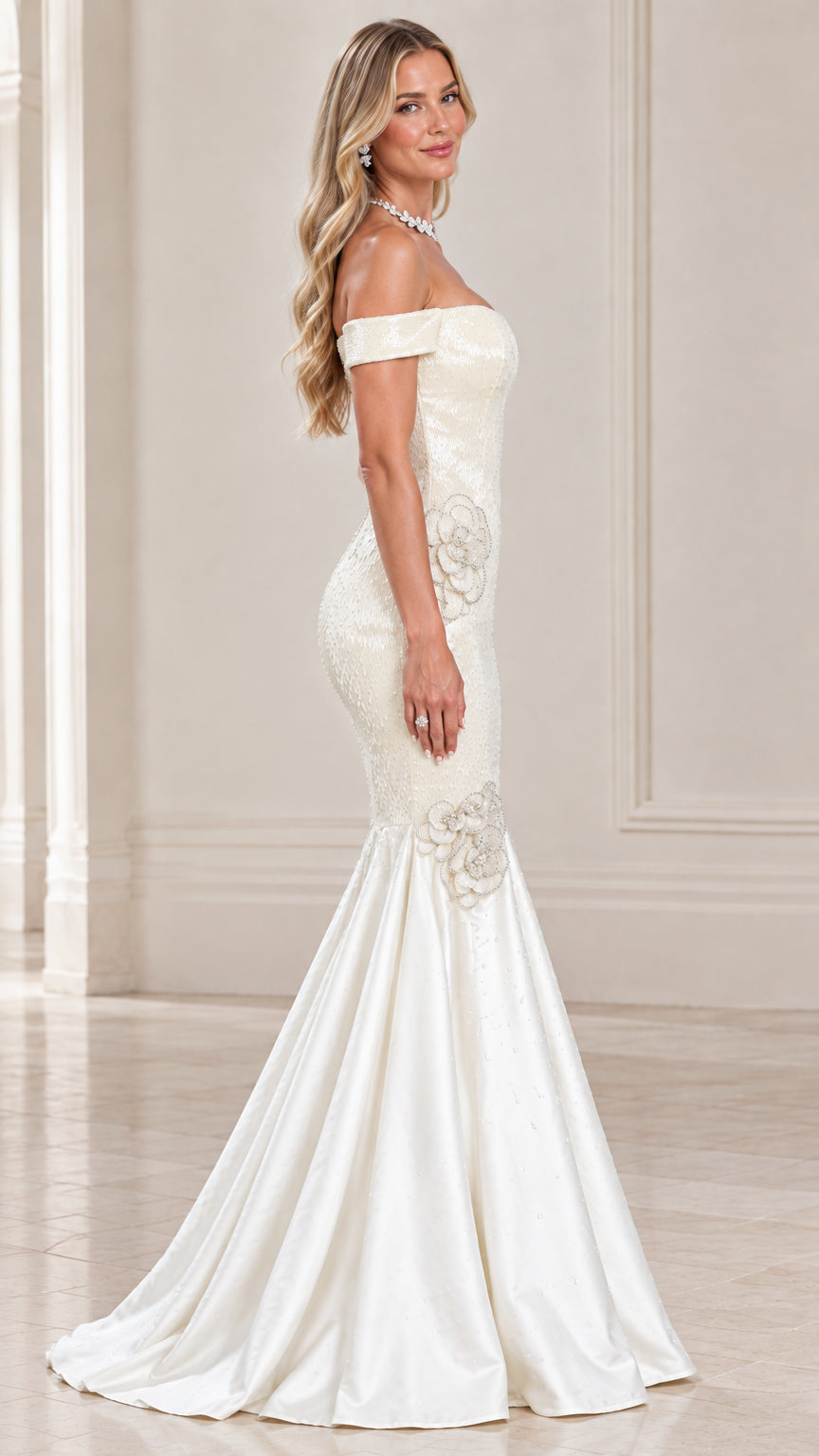 Side profile view of ivory off-the-shoulder sequin trumpet evening dress