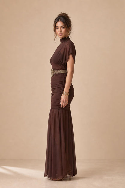 Side profile view of the brown mesh maxi dress