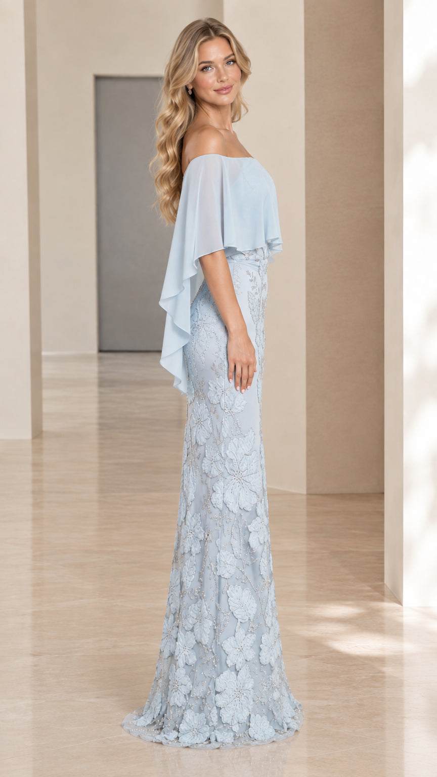 Side view of Ice Blue formal gown showing draped capelet detail