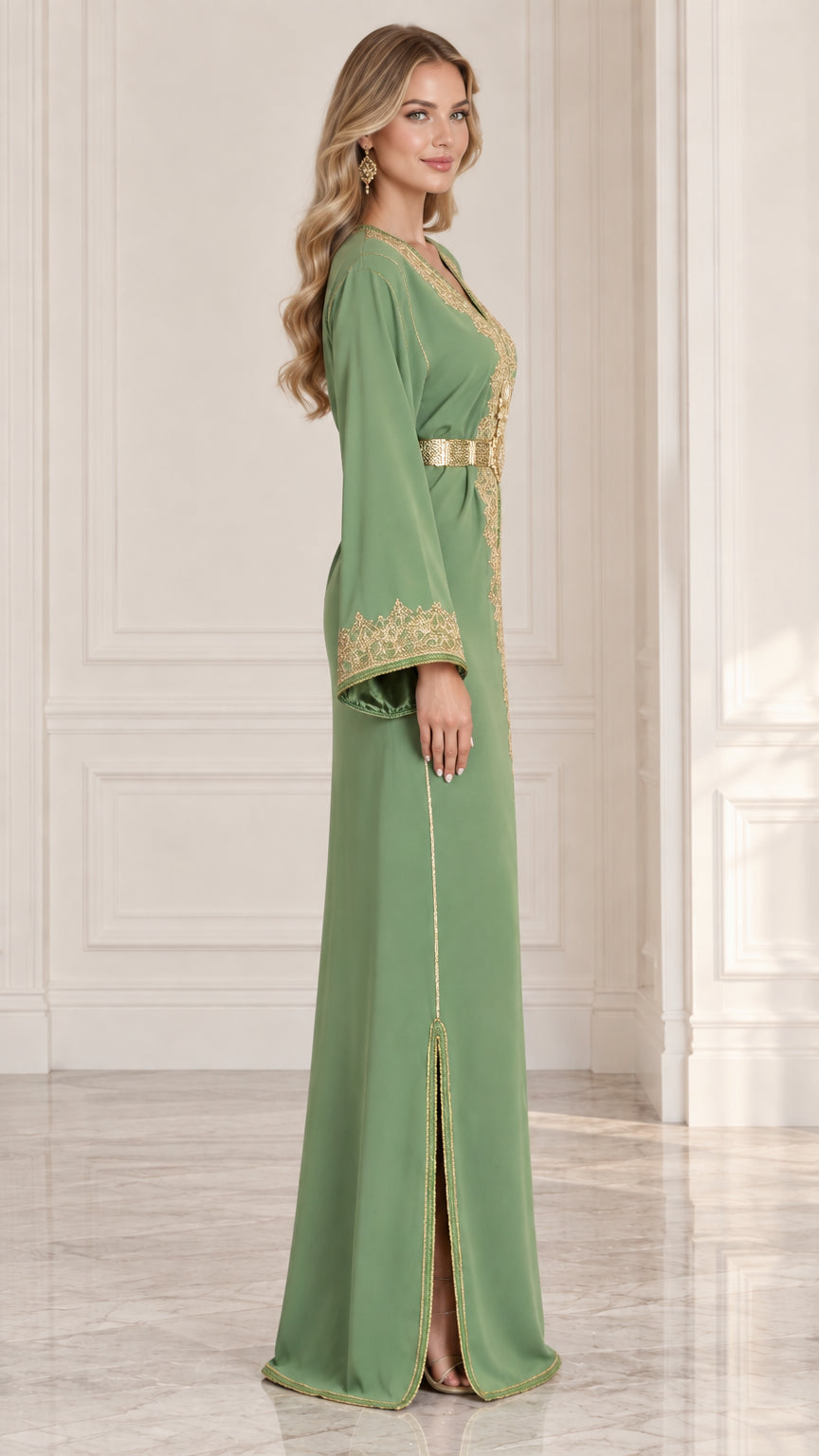 Side angle of model in sage green gold embroidered maxi kaftan gown