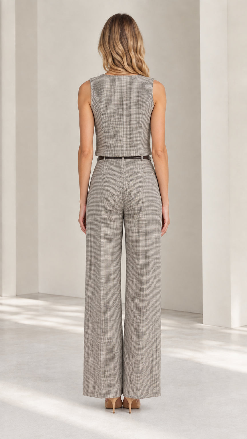 Back view of women's sleeveless top and wide-leg trousers in grey houndstooth