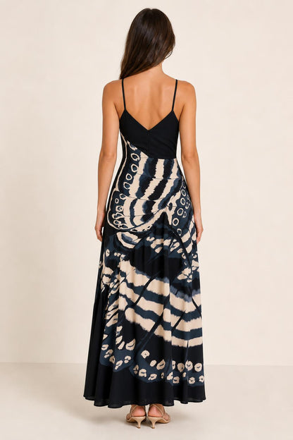 Womens black V-neck butterfly print maxi dress back view