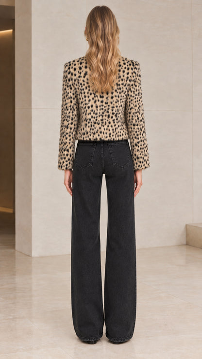 Back view of model in Beige Leopard cropped animal print jacket