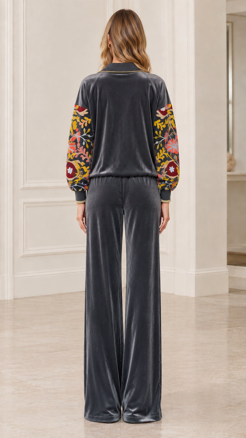 Back view of women's charcoal velvet matching tracksuit set