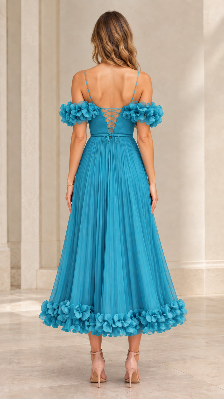 Back view of teal blue formal midi dress showcasing adjustable lace-up corset back