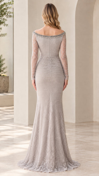 Back view of silver ruched lace mermaid gown with bead-trimmed neckline