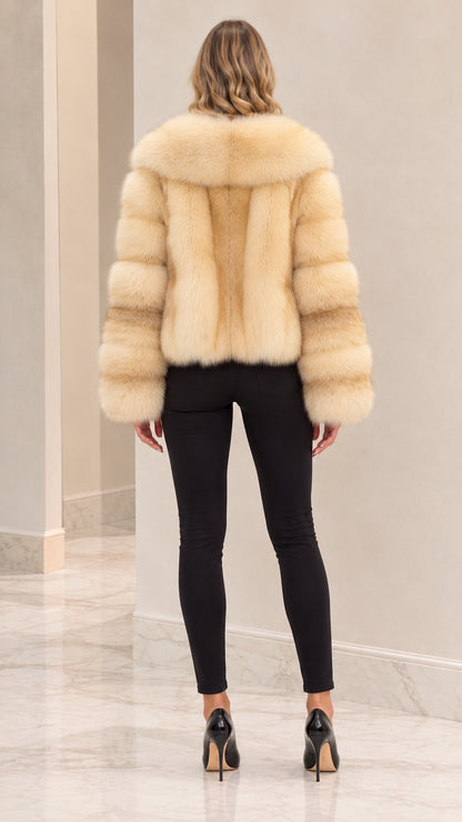 Back view of woman wearing Champagne Beige tiered faux fur jacket