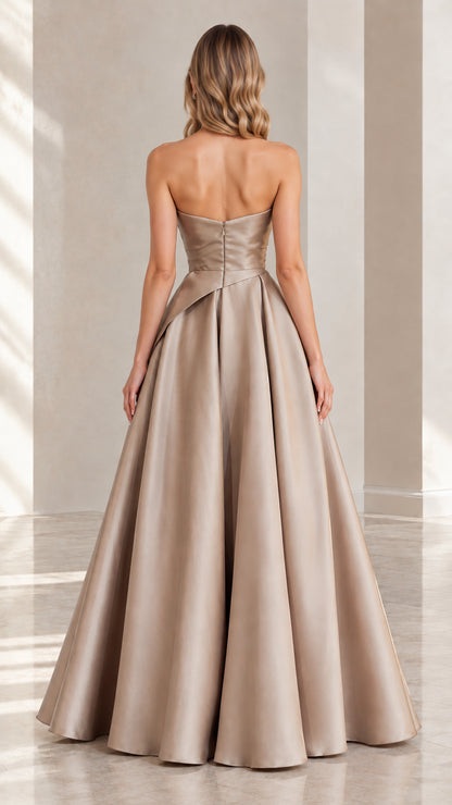 Champagne strapless A-line evening gown back view