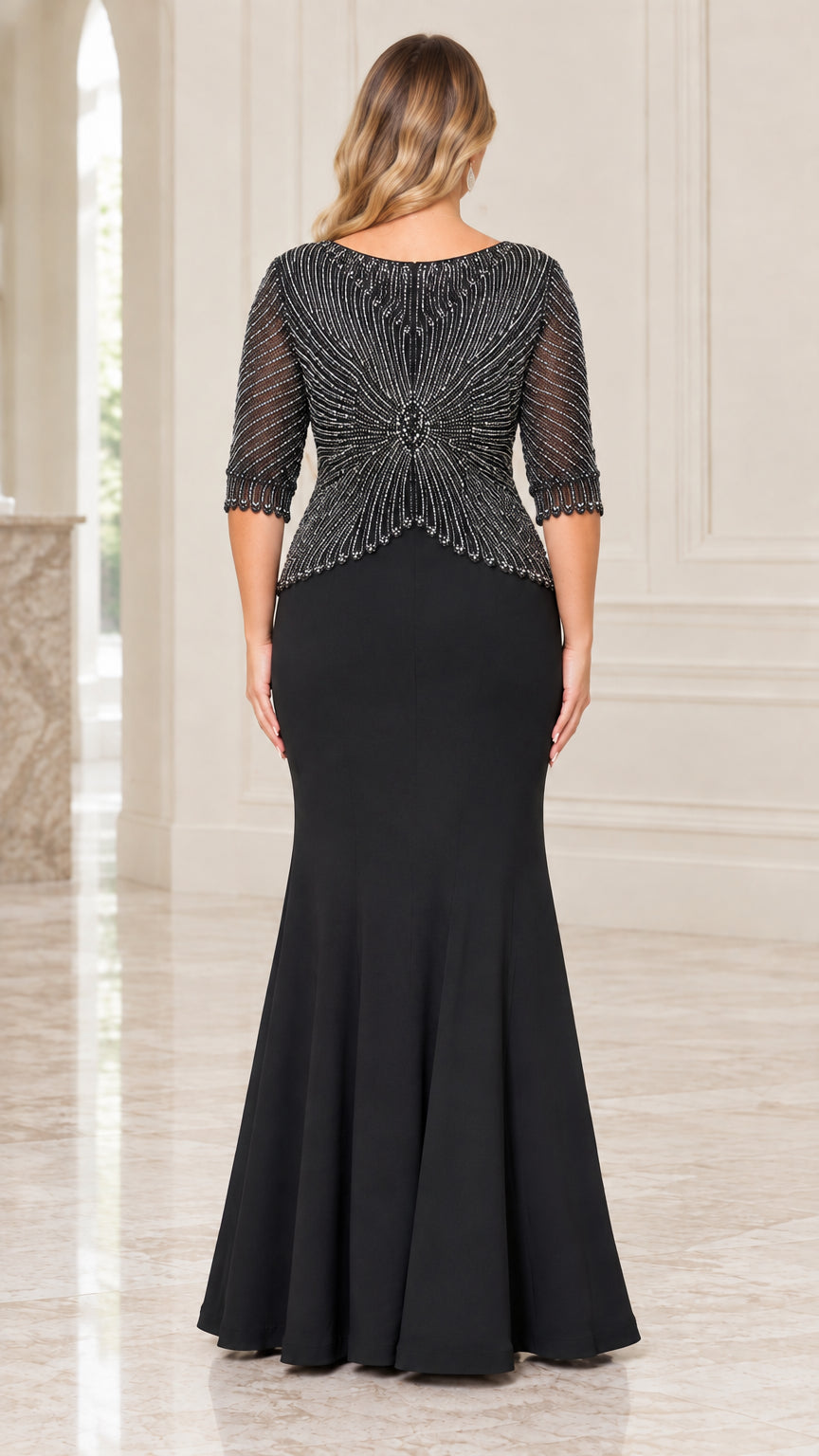 Back view of black sequined evening dress showcasing fitted silhouette and back zipper