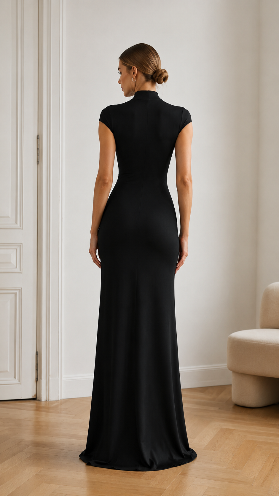 Back view of black floor-length slim fit evening dress