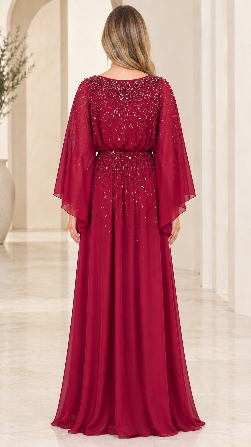 Back view of burgundy beaded scoop back chiffon maxi evening dress