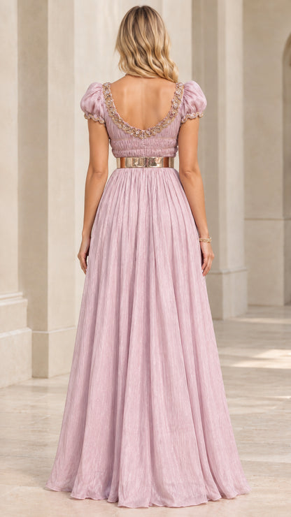 Dusty lilac pleated evening gown with scoop back - rear view
