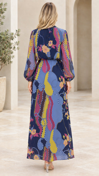 Back view of Navy Blue printed flowy maxi dress